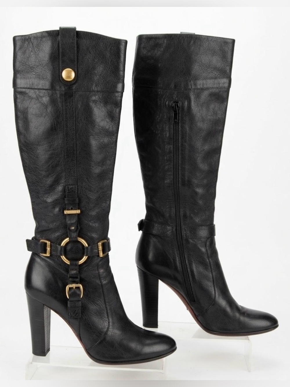 Charles David Black Leather Knee-High Boots Gold Harness hardware